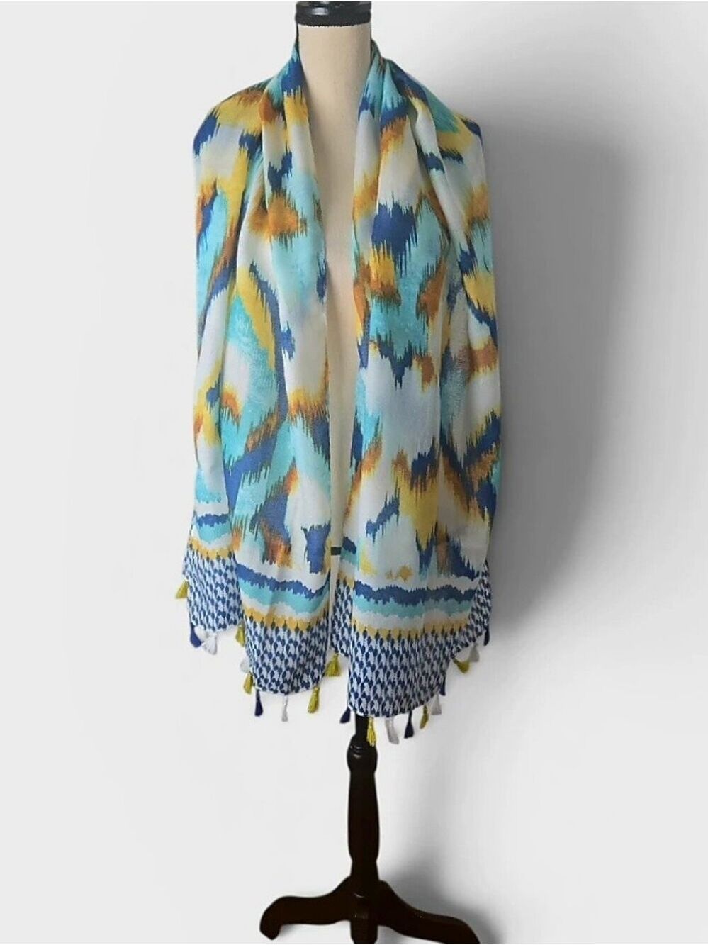 Chico's Cabo Ikat Oblong Scarf Sol Yellow Blue Tassel Scarf NWT 70" x 25"